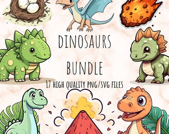 Cute Dinosaurs Clipart Dino PNG Prehistoric Animals SVG Nursery Decor Dinosaur Birthday Party Decor Wall Art T-rex Stegosaurus Pterodactyl