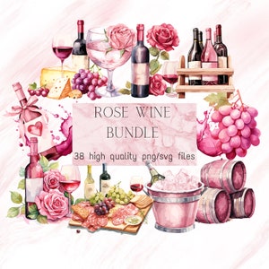 Watercolor Rose Wine Clipart Wine PNG Pink Grapes Romantic Illustration Wine Celebration Wine Barrels Cheese and Wine Commercial Use