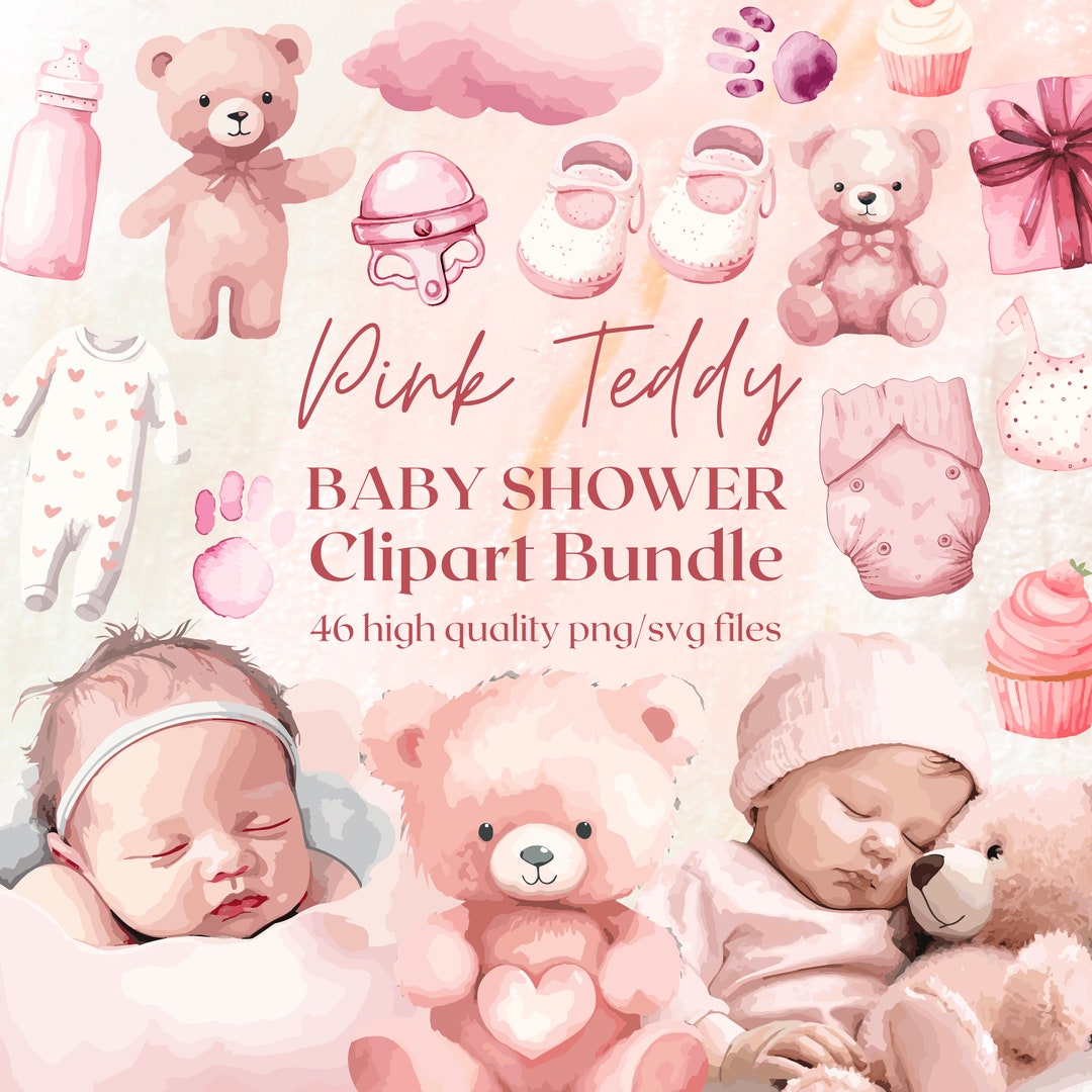 Watercolor Pink Teddy Bear Baby Shower PNG Baby Girl Clipart Nursery ...