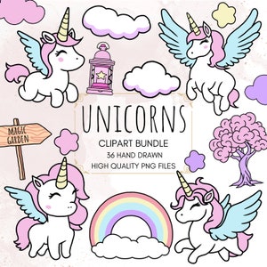 Lindos unicornios clipart bebé unicornio PNG jardín mágico fantasía ilustraciones animales místicos vivero decoración pastel topper imágenes uso comercial