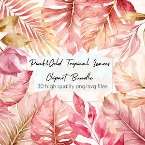 Hojas tropicales de oro rosa PNG Clipart Hojas de acuarela SVG Hojas de selva PNG Palmera tropical Monstera Clipart Vegetación Uso comercial