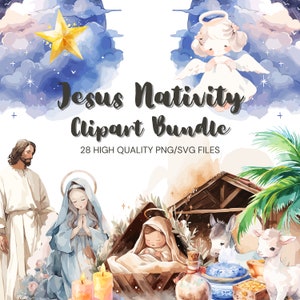 Watercolor Christmas Nativity Clipart Christian PNG Holiday Jesus Nativity Scene Bundle Jesus SVG Card Making Transparent PNG Commercial Use