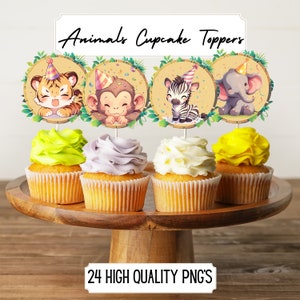 Dieren Cupcake Toppers PNG Schattige babydieren Clipart Verjaardagsfeestje Decoraties Taarttoppers Safaridieren Jungledieren Commercieel gebruik