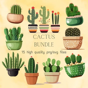 Lindo cactus Clipart Cactus en macetas PNG Suculentas SVG Cactus Plantas lindas Decoración de jardín Boho Rústico Descarga instantánea Uso comercial personal