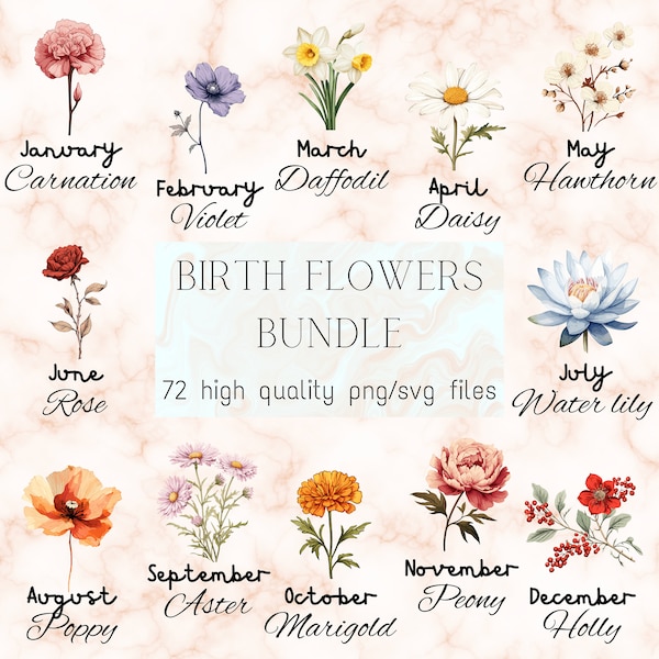 Birth Month Flower PNG Bundle Flower SVG Dry Flowers Pressed Boho Birth Flowers Commercial Use Watercolor Botanical Clipart Mega Bundle