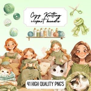 Tricot confortable aquarelle Clipart laine et laine PNG Illustrations d'hiver Palette de sauge verte au Crochet autocollants de scrapbooking usage Commercial