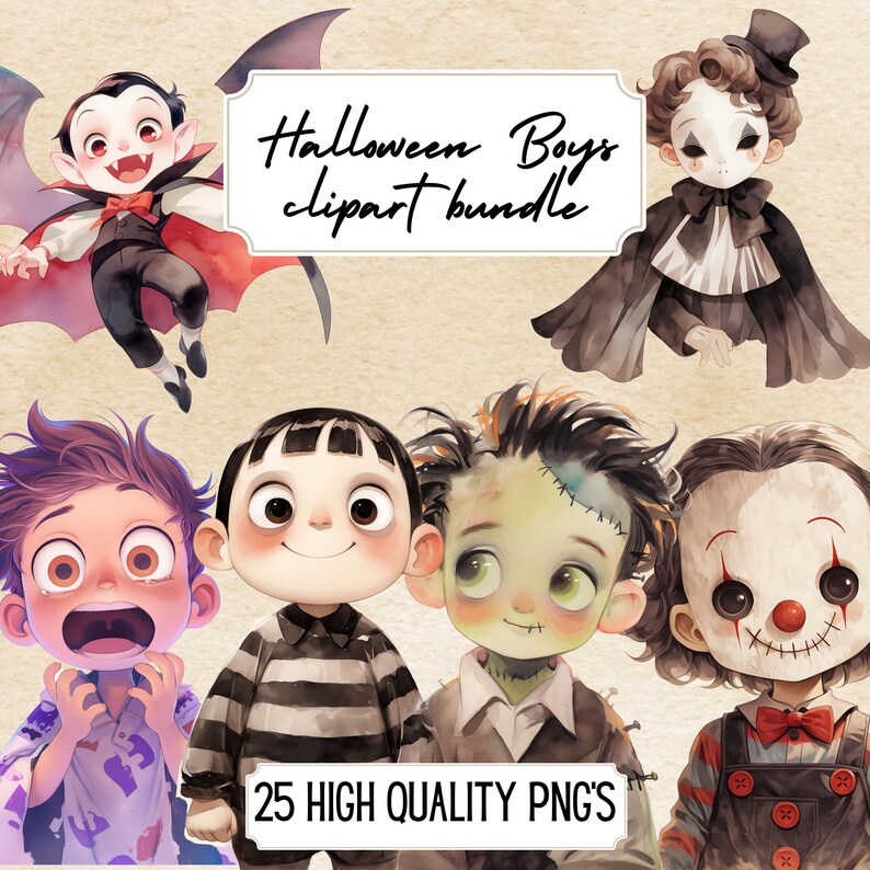 Watercolor Halloween Cute Boys Clipart Halloween Party Costume PNG