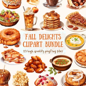 Watercolor Autumn Food Clipart Fall Delights PNG Pumpkin Spice Illustrations Fall Holiday Treats Thanksgiving Latte Commercial Use SVG