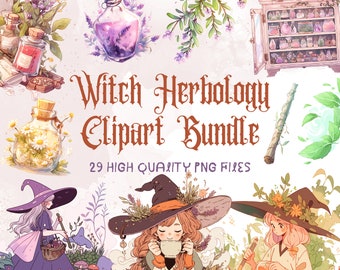 Fantasy Clipart Cute Witch PNG Herbal Witchy Illustrations Magic Potions Fairy Garden Graphics Fairytale Images Instant Download
