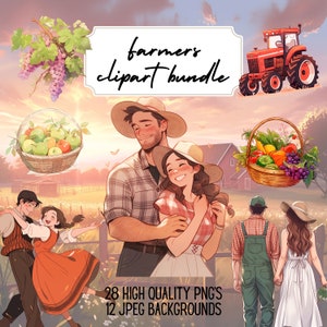 Clipart de couple de fermiers mignons PNG Images Meilleur ami Mode masculine et féminine PNG Illustrations de campagne Papiers de journal indésirable rustique