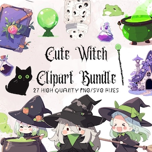Cute Witch Clipart Chibi Halloween Witches PNG Little Girl SVG Witch Printable Black Cat Green Magic Witch Illustrations Commercial Use