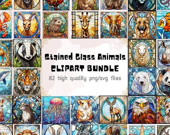 82 Stained Glass Animals Clipart Bundle Woodland Animals Square Frame Jungle Fauna Savannah Animals Underwater Illustration Commercial Use
