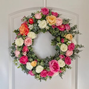 Pink and White Rose Summer Wreath for Front Door, Everyday Wreath