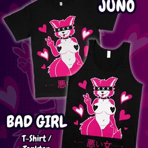 Puede incluir: Camiseta negra y camiseta sin mangas con un diseño de zorro de dibujos animados rosa, que incluye una venda en los ojos y detalles de corazón. Se muestra el texto "BAD GIRL" y "JUNO". También hay corazones rosas y texto japonés.