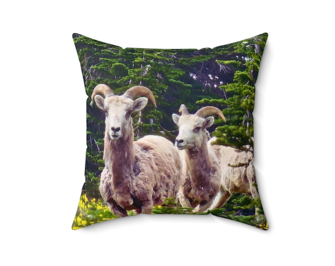 Featured listing image: Faux Suede Pillow, Dark Green Cushion, Mountain Goats, Glacier National Park, Cabin Decorating, Decorative Bed Pillow, Nature Photograph