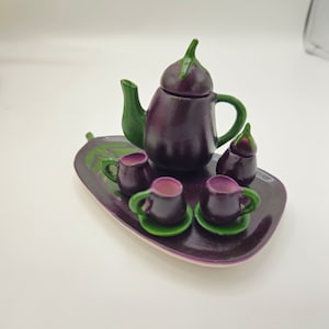 Vintage Miniature Tea Set Child Doll, Mini Eggplant Teapot Ceramic Tiny Dishes, Tuscan Italian Decor for Dimorama Kitchen