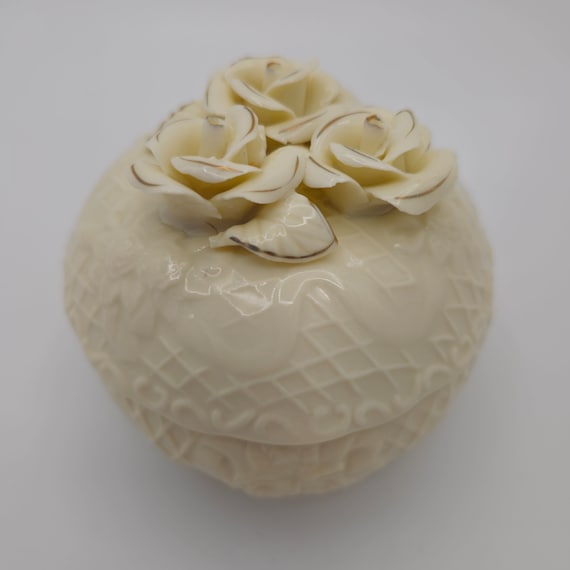 Ivory Off White Trinket Box with Flowers, Vintage… - image 1