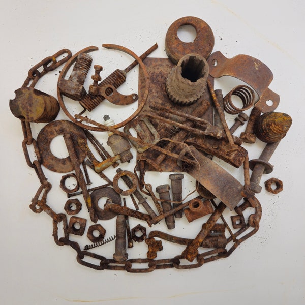 50+ Pieces of Rusted Metal Assemblage, Unique Group of Rusty Iron, Old Rusty Springs, Farm Tools, Screws Nuts and Bolts