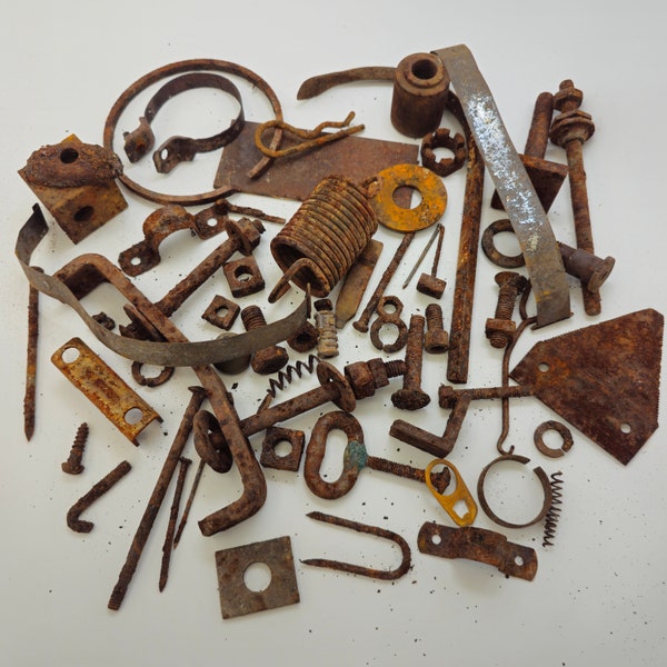 50+ Pieces of Rusted Metal Assemblage, Unique Group of Rusty Iron, Old Rusty Springs, Farm Tools, Screws Nuts and Bolts