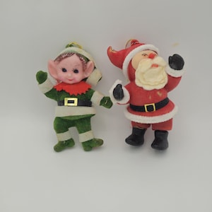 Vintage Elf & Santa Christmas Ornaments, Retro Christmas Tree Decor, Plastic Felt (Flocked) Holiday Figurine, Old Time Christmas Gift