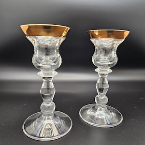 Pair of Glass Candle Holders, Gold Rimmed Clear Glass Candlesticks, Vintage Taper Holders, Table Decor, Wedding Decor