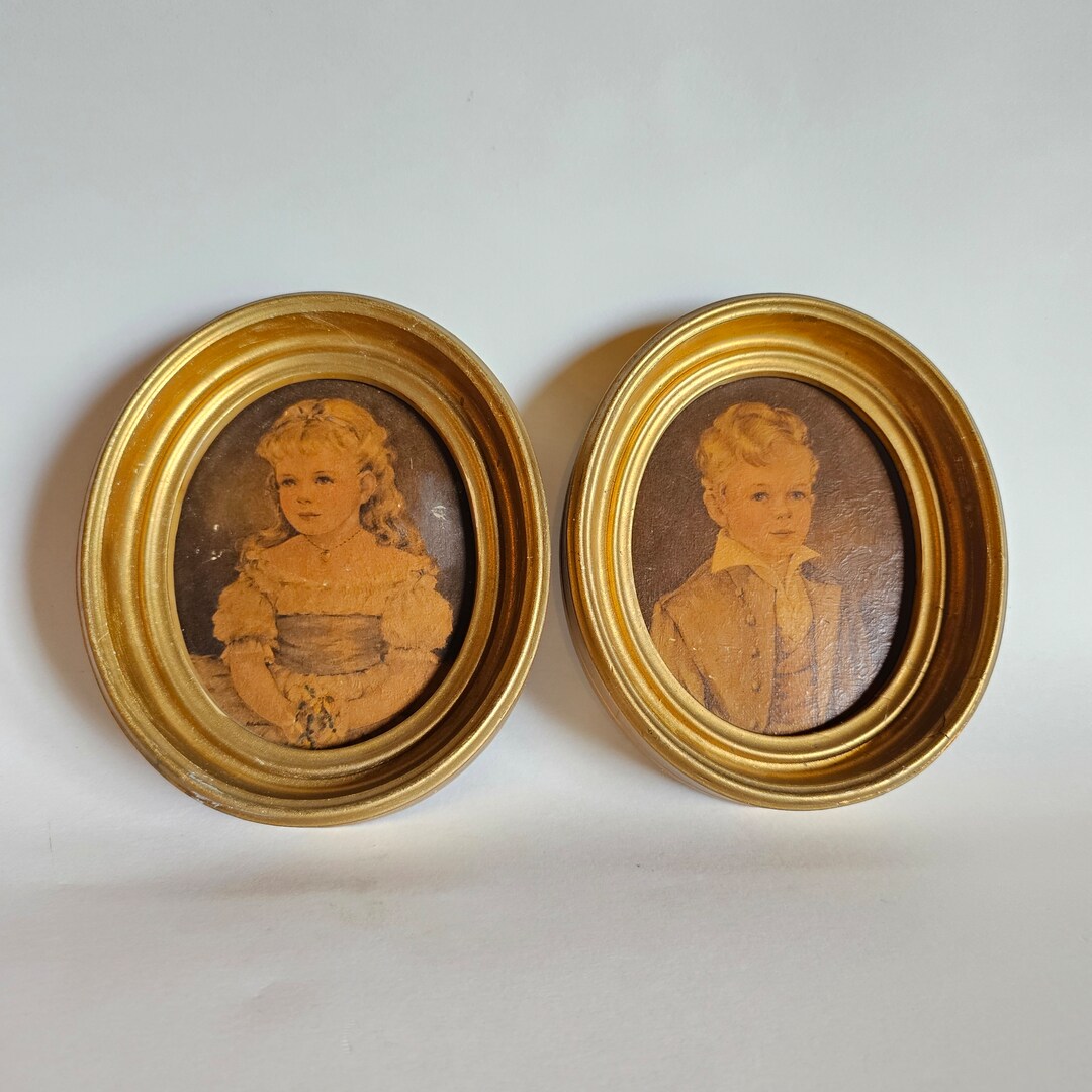 SET Vintage Prints in Oval Frame Vintage Wall Art Pair Boy and Girl