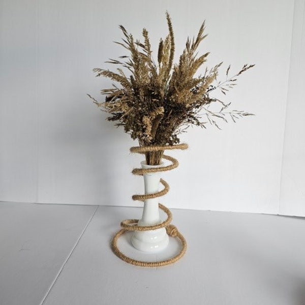 Jute Twin Handmade Vase Wrap, Rustic Vase Fall Colors Dried Flowers, White Milk Glass, Textured Wedding Vases, Bridal Shower