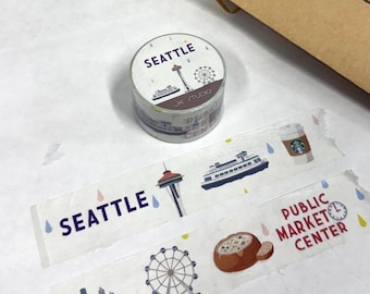 Washington Seattle Washi Tape 25mm x 5m: Pike Place, Chowder, Coffee, Cityscape, Ferry