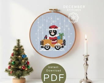 Santa's Cat in Jeep Cross Stitch Pattern: Festive Holiday Design (downloadable PDF)