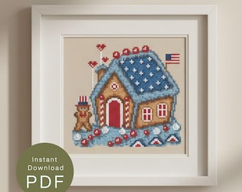 4th of July Gingerbread House Cross Stitch Pattern (PDF Download)