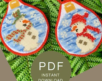 雪だるまと雪の女王のクロスステッチオーナメント図案：クリスマスDIY（PDF即時ダウンロードパターン）