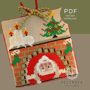 May include: Cross stitch pattern featuring Santa Claus climbing down a chimney with a Christmas tree and candles. The pattern is on a beige background with red, green, white, and brown accents. The pattern is titled "December Stitches".