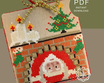 Here comes Santa’ in the Chimney, Ornament Cross Stitch Pattern: Christmas DIY Embroidery (PDF Pattern)