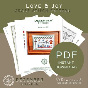 May include: A digital PDF cross stitch pattern titled Love & Joy by December Stitches. The document includes a grid chart and a photograph of the finished embroidery featuring a train, a dog, and holiday decorations in a wooden frame.