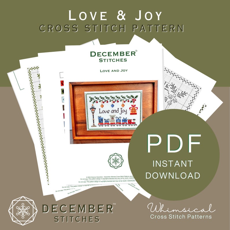 May include: A digital PDF cross stitch pattern titled Love & Joy by December Stitches. The document includes a grid chart and a photograph of the finished embroidery featuring a train, a dog, and holiday decorations in a wooden frame.