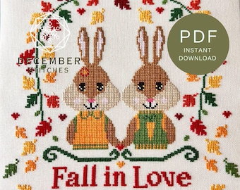 Fall in Love Bunnies Cross Stitch Pattern: Autumn Embroidery (PDF Download)
