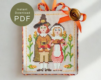 Pilgrim Pair, small Cross Stitch Pattern (PDF Download) for Thanksgiving embroidery ornament