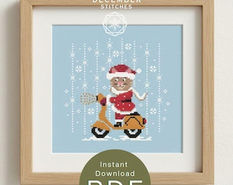Santa's Cat in a Scooter Cross Stitch Pattern: Redesigned Holiday Chart (PDF Download)