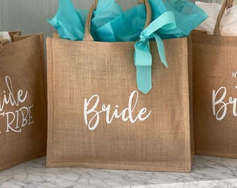 Gepersonaliseerde bruidsmeisje Tote Gift Bags, Bruidsmeisje Jute Tote Bag, Jute Beach Tote Bags, Wedding Gift Bags, Bachelorette Party Gift Bags