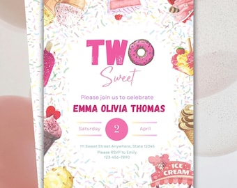 Two Sweet Birthday Invitation Template, 2nd Birthday Party (Digital Download)