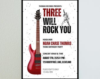 May include: A red electric guitar with a white background. The text "THOMAS RECORDS PRESENTS: THREE WILL ROCK YOU" is at the top of the image. The text "HEADLINER NOAH CHASE THOMAS. THIRD BIRTHDAY PARTY" is below the guitar. The text "CONCERT VENUE & TIME AUGUST 17TH, 2025 @ 1PM: 123 ROCK'N'ROLL LANE, CLEVELAND" is below the text "THIRD BIRTHDAY PARTY". The text "PLEASE RSVP TO EMILY 123-456-7890" is at the bottom of the image.