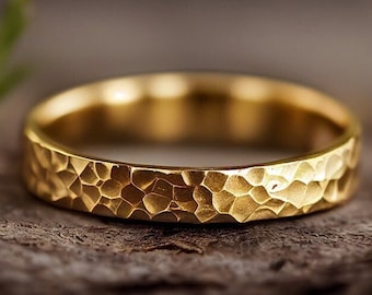 Hammered Flat Solid Gold Wedding Band, In 2, 3, 4 or 5MM, Handmade Wedding Ring, Hammered Design, Handcrafted Wedding Band, Hammered Ring