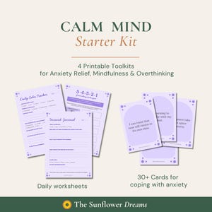 Puede incluir: Un kit de inicio Calm Mind con 4 herramientas imprimibles para el alivio de la ansiedad, la atención plena y el pensamiento excesivo. Incluye hojas de trabajo diarias y más de 30 tarjetas para afrontar la ansiedad en color violeta claro.