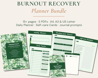 Pode incluir: Um sistema de bem-estar imprimível intitulado Burnout Recovery Planner Bundle, com mais de 15 páginas, 5 PDFs e formatos A4, A3 e US Letter. Inclui um planejador diário, cartões de autocuidado e diários com padrões de folhas verdes.