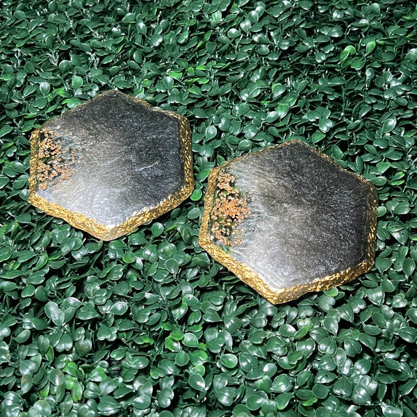 Fancy black and gold hexagon agate epoxy resin coaster set