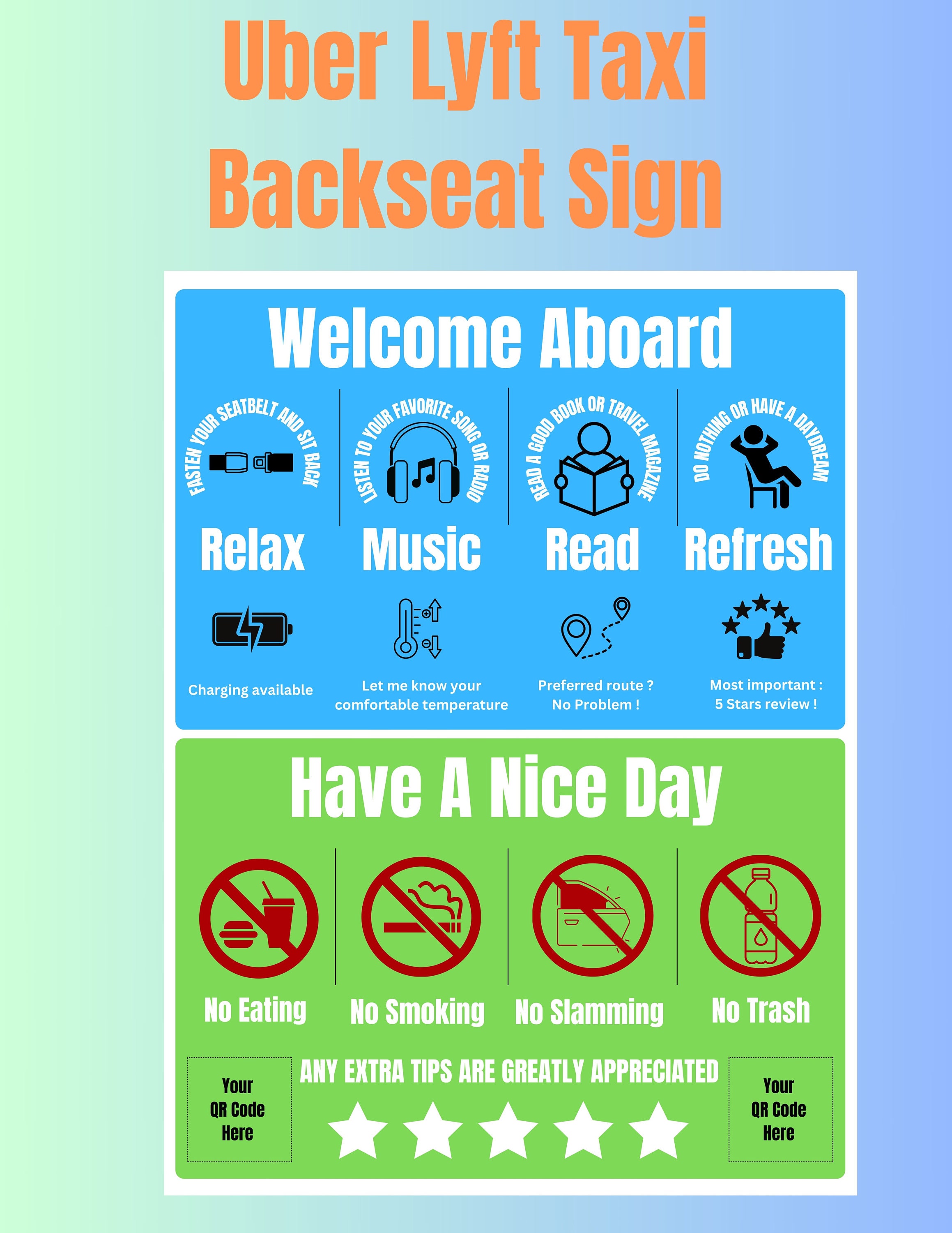 Uber Lyft Taxi Placard | Backseat Sign | Rideshare Sign | TIP and Rating Sign | Sign for Uber ...