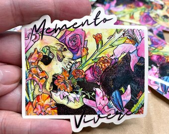 Pegatina de calavera de cuervo floral - Vinilo gótico impermeable