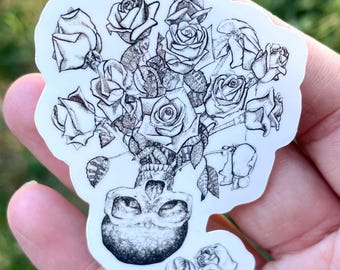 Gothic Skull & Roses Waterproof Sticker – Halloween Laptop Decal