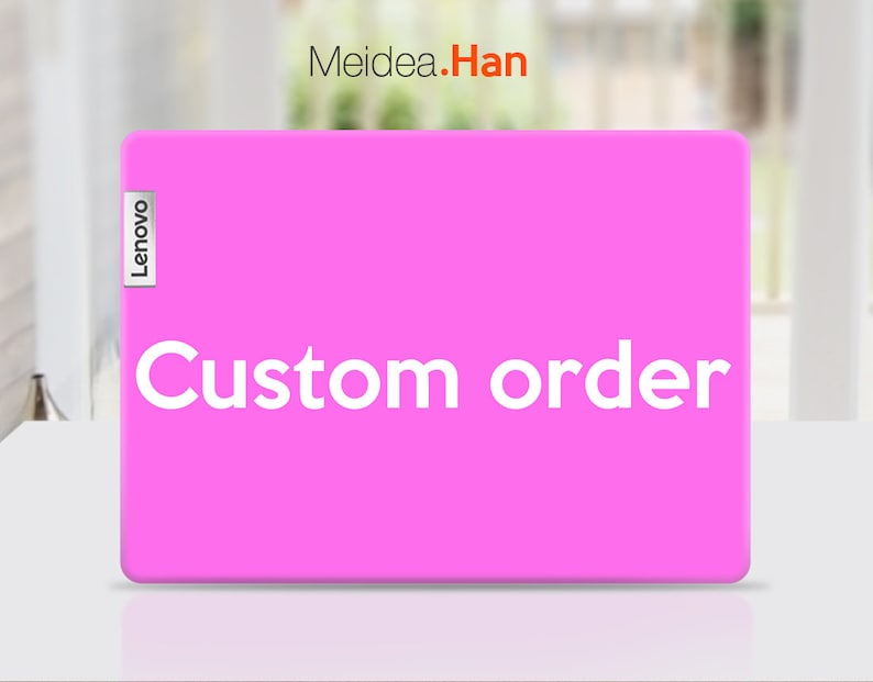 May include: A pink laptop case with the word "Lenovo" on the left side and the text "Custom order" in white letters in the center.