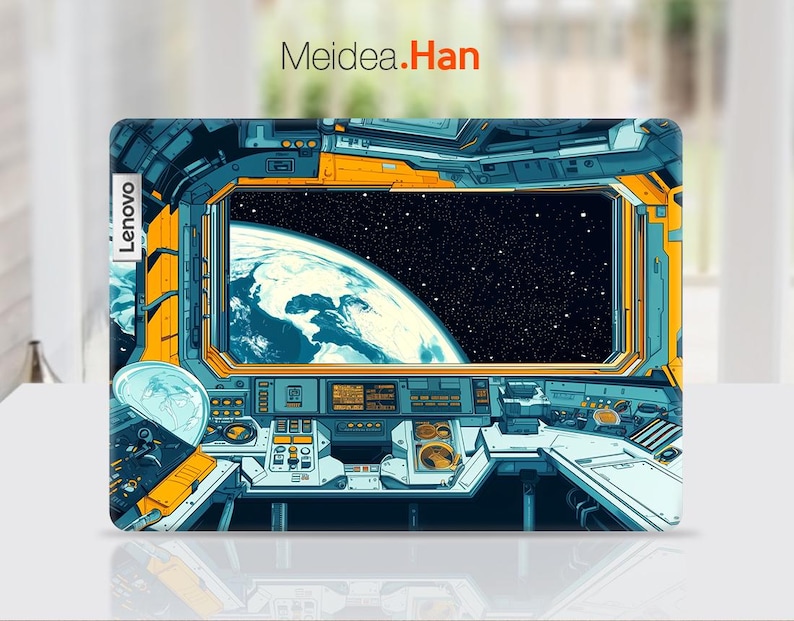 May include: A laptop skin with a space-themed design. The image shows a view from a spaceship window looking out at Earth and stars. The text "Lenovo" is visible on the left side of the skin.